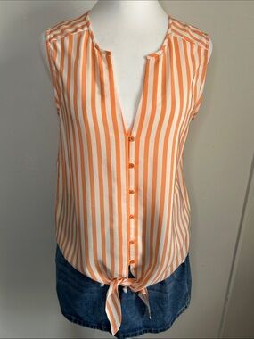 Joie Orange and White Vertical Stripe Tie-Front Sleeveless Button Up Blouse